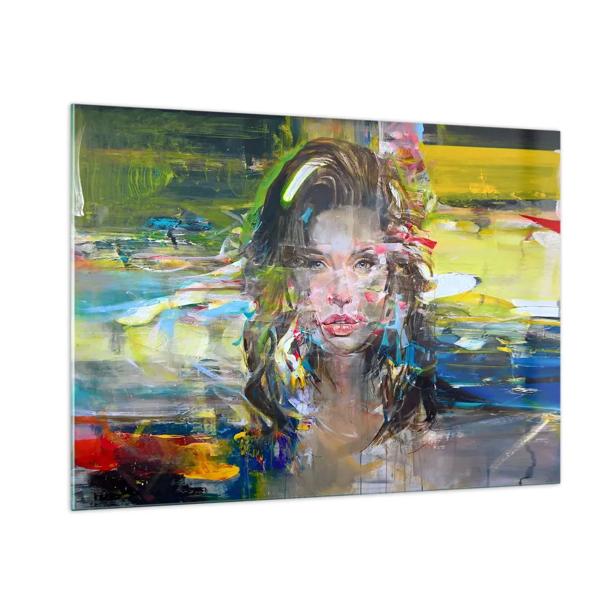 Glasbild - Bild auf glas - Abstraktes Porträt einer Frau mit dynamischem Hintergrund - 100x70cm - Hinter der Luft ein Vorhang - Moderne Wanddekoration für Wohnzimmer und Schlafzimmer ARTTOR