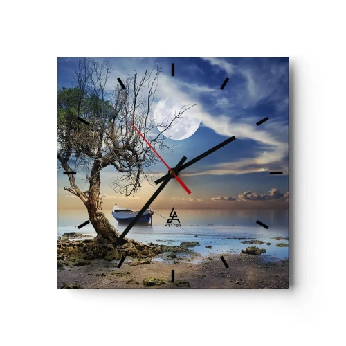 Wanduhr - Glasuhr - Ein einsamer Baum und ein Boot auf ruhigem Wasser unter Vollmond. - 30x30cm - Ist das das Ende oder der Anfang? - Moderne Wanddekoration für Wohnzimmer und Schlafzimmer ARTTOR