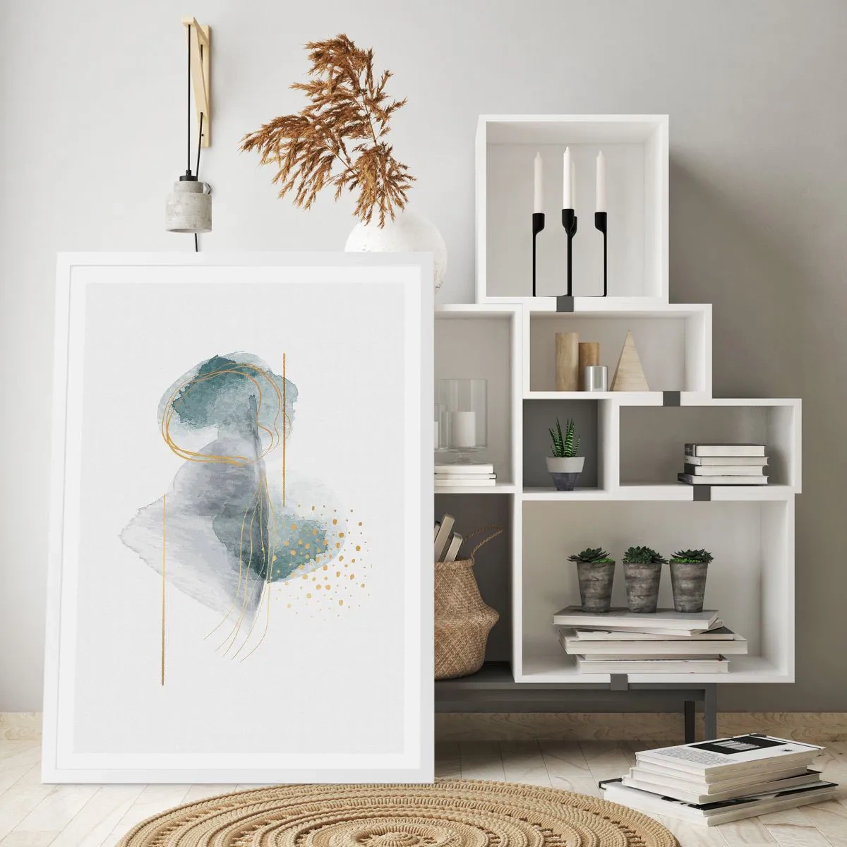 Poster in einem weißen Rahmen - Über das Verhältnis von Grau und Gold - 61x91 cm