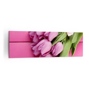 Bild auf Leinwand - Leinwandbild - Ein Strauß rosa Tulpen mit Schleife auf rosa Hintergrund - 160x50cm - Nur für dich - Moderne Wanddekoration für Wohnzimmer und Schlafzimmer ARTTOR