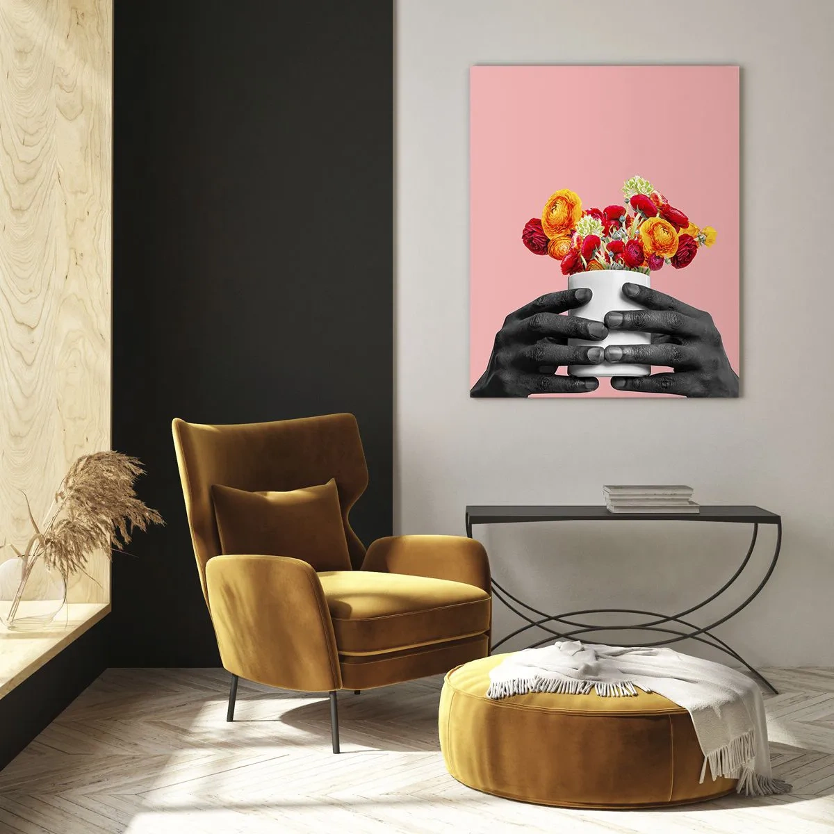 Glasbild - Bild auf glas - Hände halten einen Strauß bunter Blumen - 70x100cm - Die Apotheose des Lebens - Moderne Wanddekoration für Wohnzimmer und Schlafzimmer ARTTOR