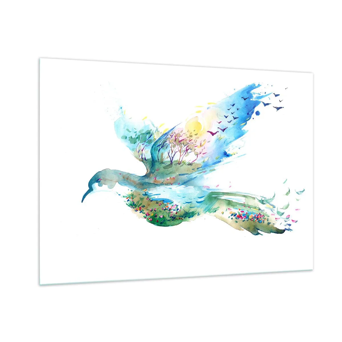 Glasbild - Bild auf glas - Aquarell-Silhouette eines Vogels mit einer Landschaft im Hintergrund - 100x70cm - Auf den Flügeln der Natur - Moderne Wanddekoration für Wohnzimmer und Schlafzimmer ARTTOR