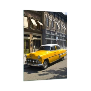 Glasbild - Bild auf glas - Ein gelbes Taxi auf einer Straße mit Mietshäusern - 70x100cm - Vor langer Zeit in Amerika - Moderne Wanddekoration für Wohnzimmer und Schlafzimmer ARTTOR