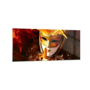 Glasbild - Bild auf glas - Karnevalsmaske in Gold- und Orangetönen - 120x50cm - Geheimnis ist Teil des Spiels - Moderne Wanddekoration für Wohnzimmer und Schlafzimmer ARTTOR