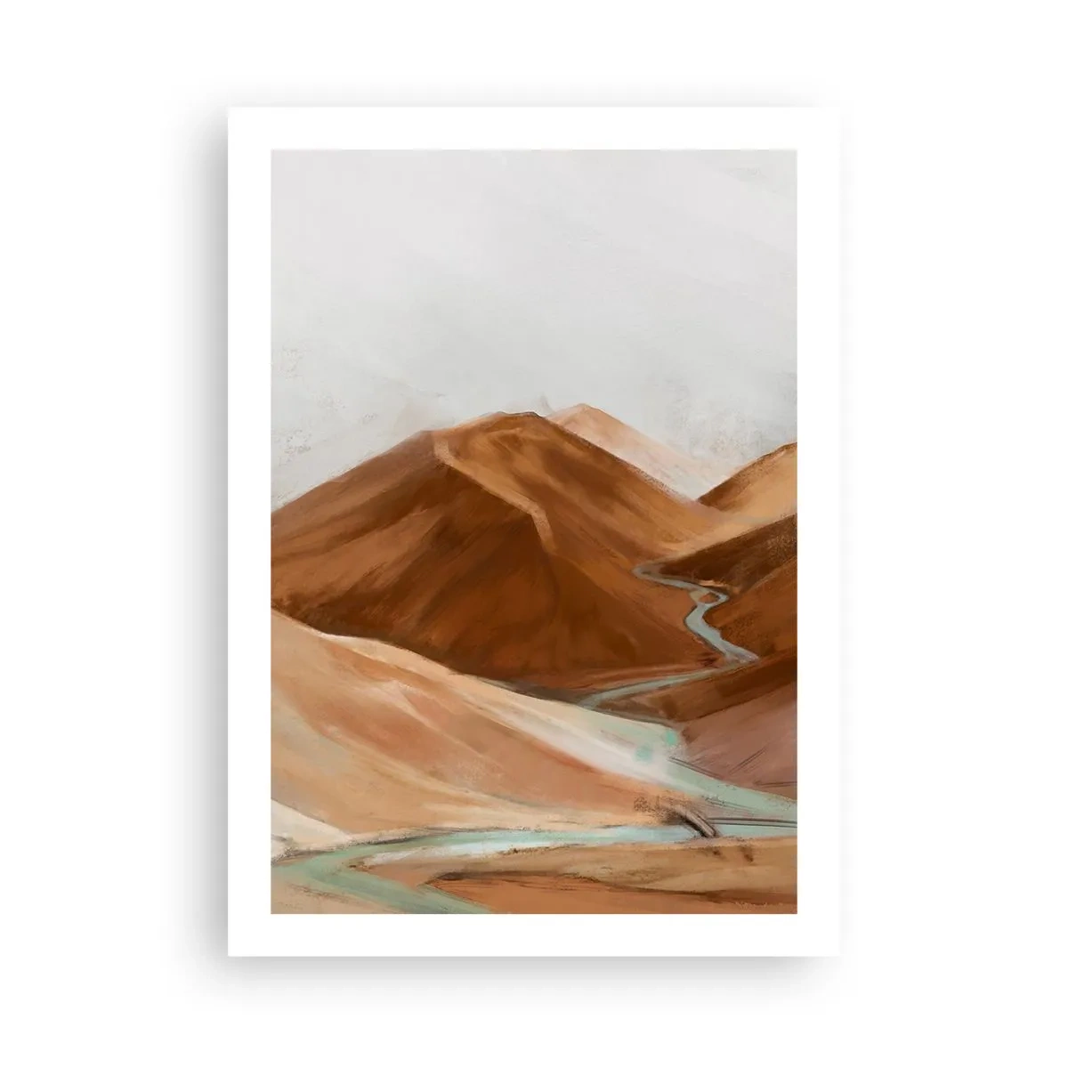 Poster - Ein Fluss, der durch braune Berge fließt, eine stilisierte Landschaft - 50x70cm - Zur Quelle - Moderne Wanddekoration für Wohnzimmer und Schlafzimmer ARTTOR