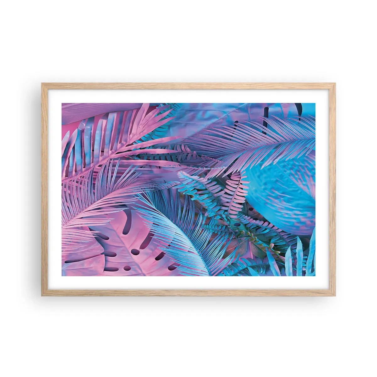 Poster in einem Rahmen aus heller Eiche - Tropen in Rosa und Blau - 70x50 cm