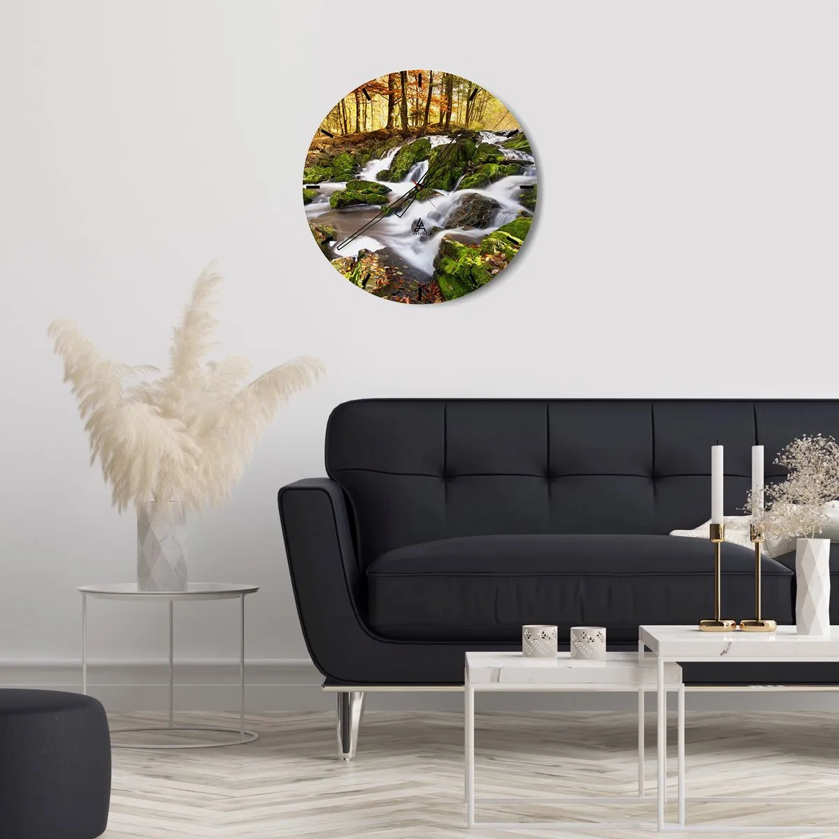 Wanduhr - Glasuhr - Herbstwald mit Bach und grünen Flechten auf den Felsen - 30x30cm - Rasch durch den herbstlichen Wald - Moderne Wanddekoration für Wohnzimmer, Küche und Schlafzimmer ARTTOR