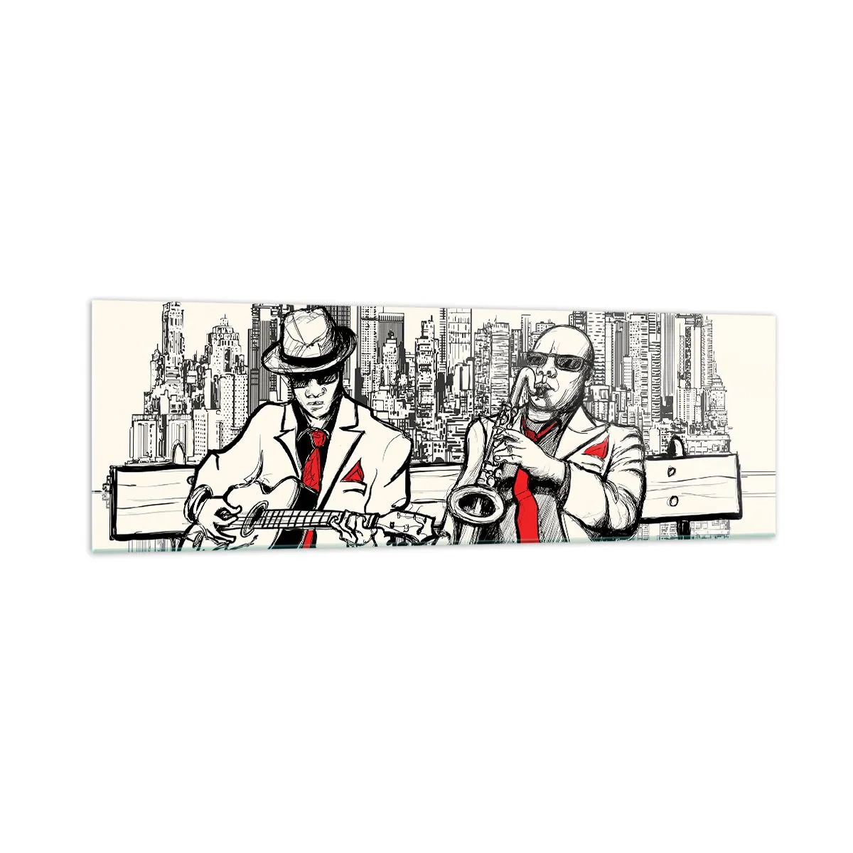 Glasbild - Bild auf glas - Ein Jazzduo mit Saxophon und Gitarre vor der Kulisse der Stadt - 160x50cm - New Yorker Improvisation - Moderne Wanddekoration für Wohnzimmer und Schlafzimmer ARTTOR