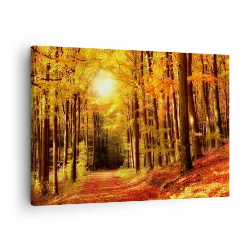 Bild auf Leinwand - Leinwandbild - Herbstwald mit Sonnenstrahlen, die durch die Bäume scheinen - 70x50cm - Goldener Herbst auf einer Forststraße - Moderne Wanddekoration für Wohnzimmer und Schlafzimmer ARTTOR