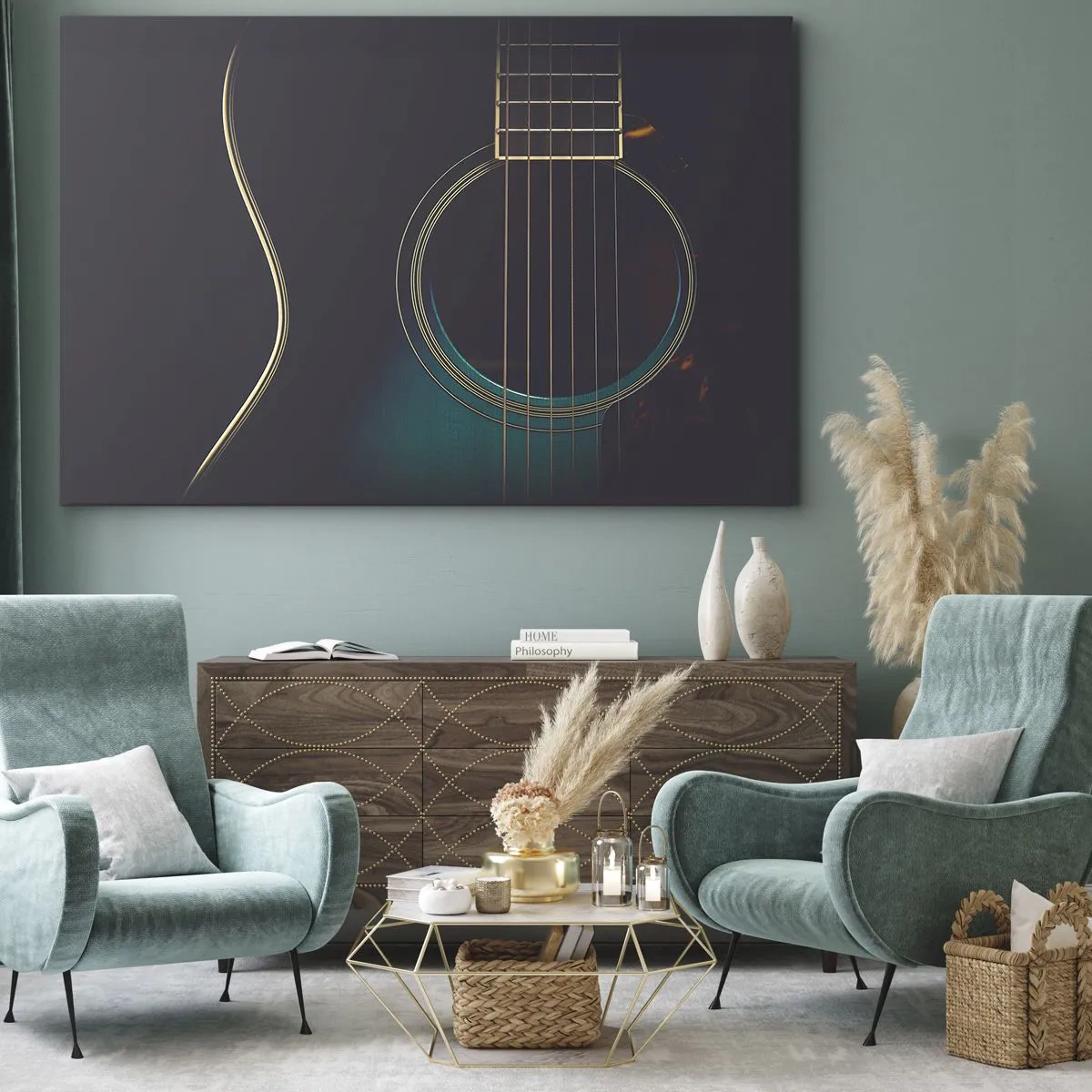 Bild auf Leinwand - Leinwandbild - Akustikgitarre in dunklem, elegantem Licht - 100x70cm - Einen Moment bevor es ertönt - Moderne Wanddekoration für Wohnzimmer und Schlafzimmer ARTTOR