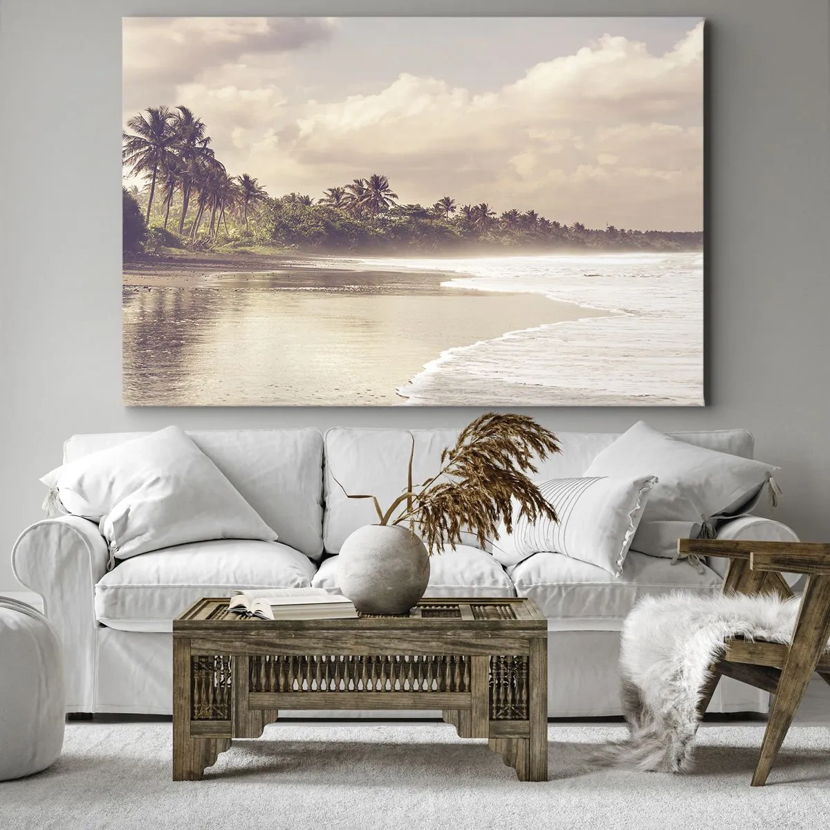 Bild auf Leinwand - Leinwandbild - Ein Strand mit Palmen und sanften Wellen am Morgen - 70x50cm - Die Liebkosung der Wellen - Moderne Wanddekoration für Wohnzimmer und Schlafzimmer ARTTOR