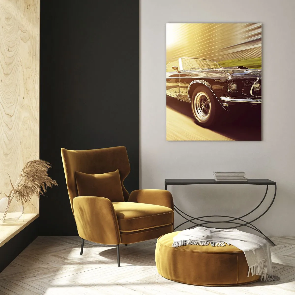 Glasbild - Bild auf glas - Ein Oldtimer in Bewegung vor urbaner Kulisse - 80x120cm - 1967 - die Legende kehrt zurück - Moderne Wanddekoration für Wohnzimmer und Schlafzimmer ARTTOR