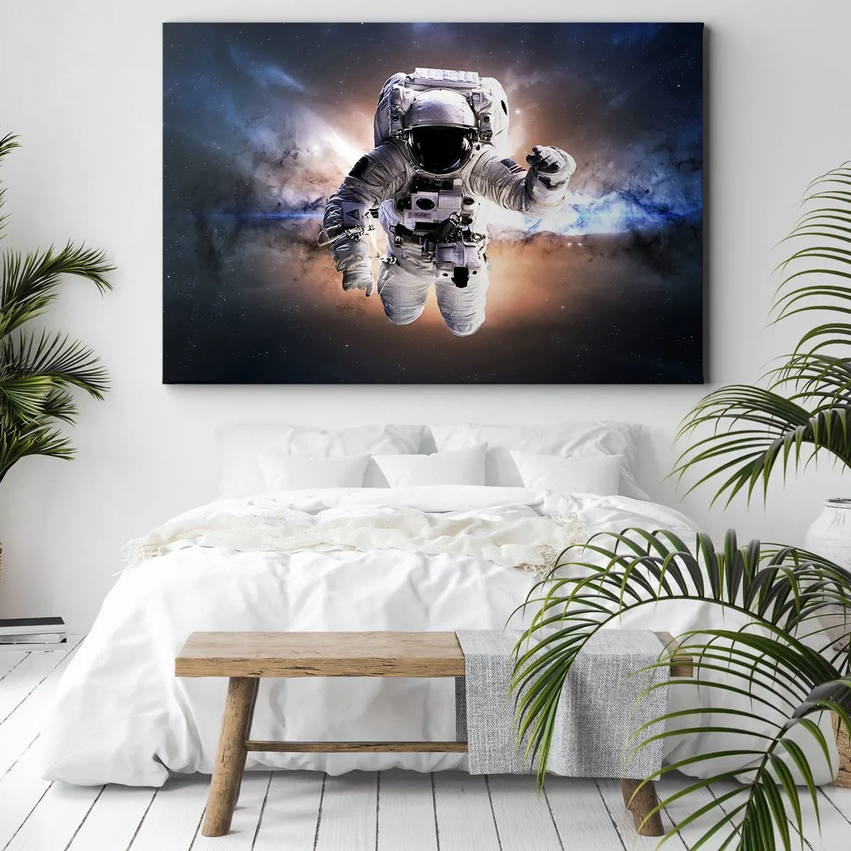 Bild auf Leinwand - Leinwandbild - Astronaut im Weltraum - 100x70cm - Grüße aus dem Weltall - Moderne Wanddekoration für Wohnzimmer und Schlafzimmer ARTTOR