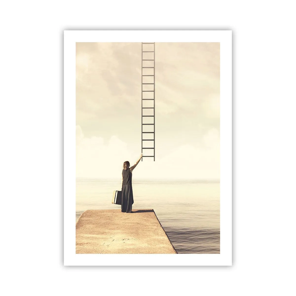 Poster - Eine Frau auf einem Pier greift nach einer Leiter, die in den Himmel führt - 50x70cm - Eine magische Reise - Moderne Wanddekoration für Wohnzimmer und Schlafzimmer ARTTOR