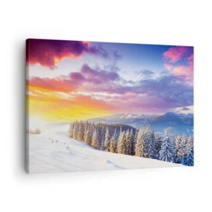 Bild auf Leinwand - Leinwandbild - Winterlandschaft mit Bergen und Wald bei Sonnenuntergang - 70x50cm - Am helllichten Tag - Moderne Wanddekoration für Wohnzimmer und Schlafzimmer ARTTOR