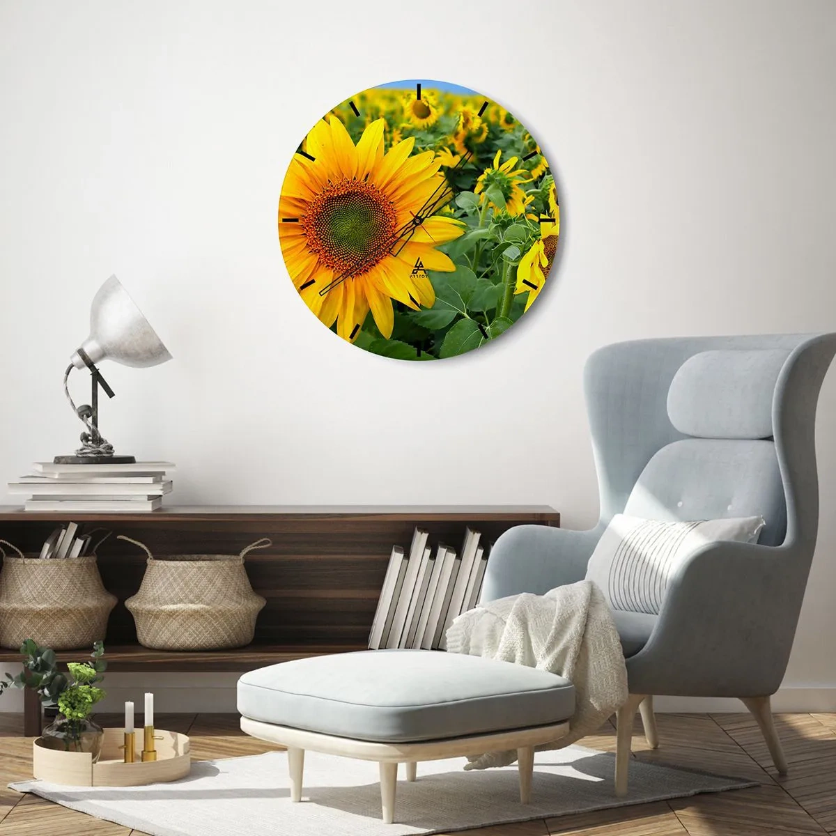 Wanduhr - Glasuhr - Ein Feld mit Sonnenblumen an einem sonnigen Tag - 30x30cm - Hunderte von Sonnen flammten auf - Moderne Wanddekoration für Wohnzimmer, Küche und Schlafzimmer ARTTOR