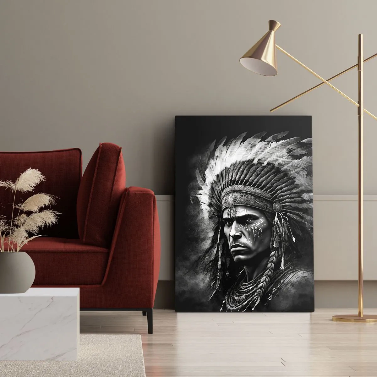 Bild auf Leinwand - Leinwandbild - Porträt eines Häuptlings mit Federschmuck vor schwarzem Hintergrund - 50x70cm - Anführer und Krieger - Moderne Wanddekoration für Wohnzimmer und Schlafzimmer ARTTOR