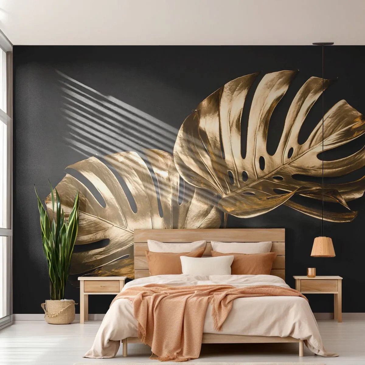 Fototapete Premium Sand - Goldene Monstera-Blätter auf schwarzem Hintergrund im eleganten Stil - 100x70cm - Die Schätze der Natur - Moderne Wanddekoration für Wohnzimmer und Schlafzimmer ARTTOR
