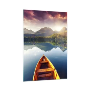 Glasbild - Bild auf glas - Drei Holzboote vor der Kulisse eines Bergsees bei Sonnenuntergang - 80x120cm - Nichts gegen die Natur - Moderne Wanddekoration für Wohnzimmer und Schlafzimmer ARTTOR