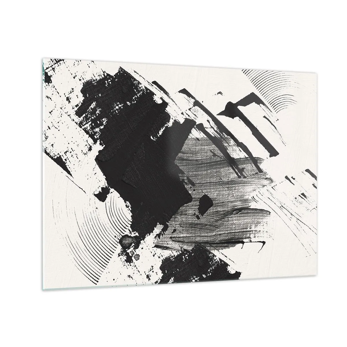 Glasbild - Bild auf glas - Ausdrucksstarke Abstraktion in Schwarzweiß mit dynamischen Strichen. - 70x50cm - Abstraktion – Ausdruck von Schwarz - Moderne Wanddekoration für Wohnzimmer und Schlafzimmer ARTTOR