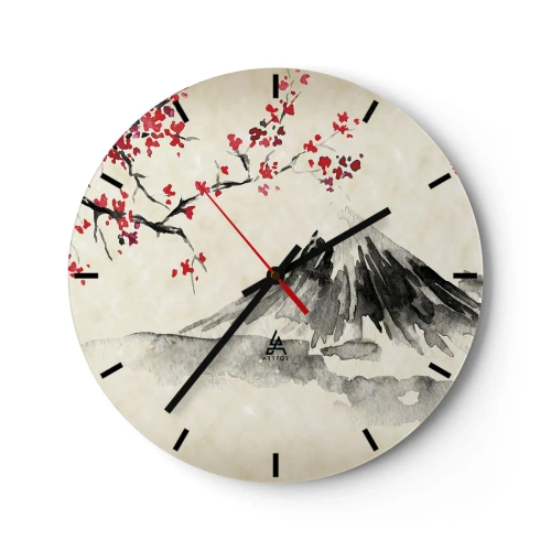 Wanduhr - Glasuhr - Traditionelle japanische Aquarellmalerei eines Berges und Kirschblüten - 30x30cm - Liebe Japan - Moderne Wanddekoration für Wohnzimmer, Küche und Schlafzimmer ARTTOR