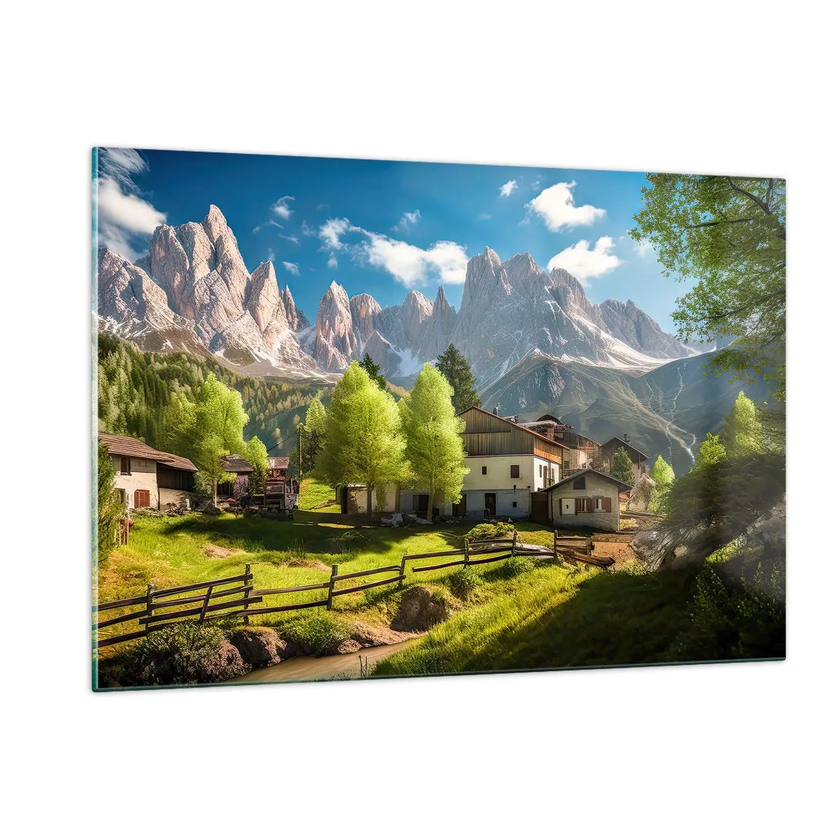 Glasbild - Bild auf glas - Ländliche Entwicklung im Grünen am Fuße der Alpengipfel - 120x80cm - Alpenidylle - Moderne Wanddekoration für Wohnzimmer und Schlafzimmer ARTTOR