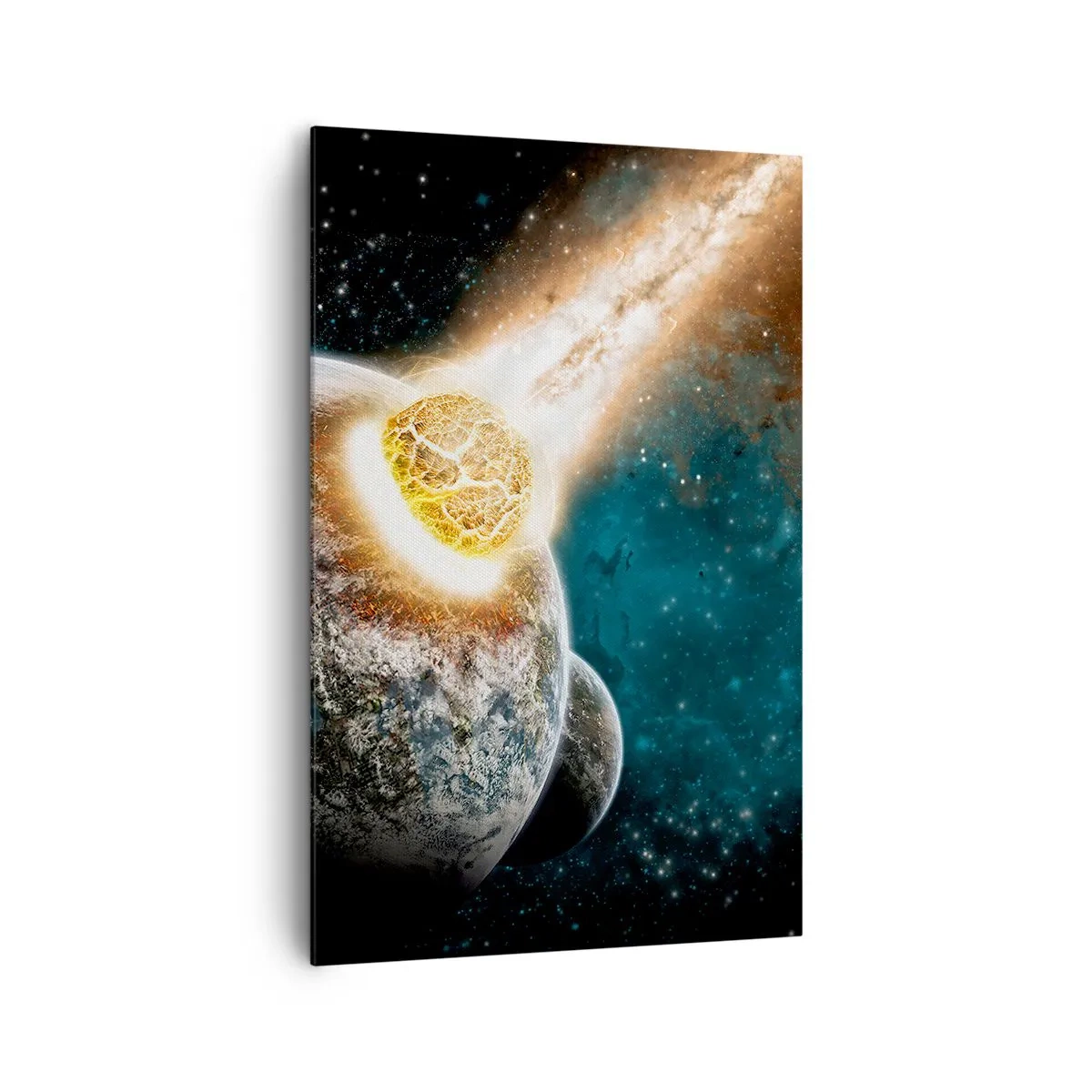 Bild auf Leinwand - Leinwandbild - Kosmische Kollision eines Planeten mit einem Asteroiden in der Nähe der Galaxie. - 80x120cm - Holocaust oder Geburt? - Moderne Wanddekoration für Wohnzimmer und Schlafzimmer ARTTOR