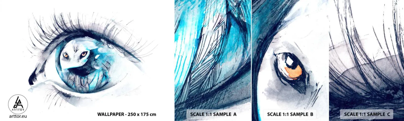 Fototapeten Muster Selbstklebend Deluxe Sticker - Auge in Auge mit Wildheit - Abstraktion, Auge, Eule - 100x30 cm