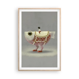 Poster in einem Rahmen aus heller Eiche - Reiter auf einem surrealen Fisch - 61x91 cm