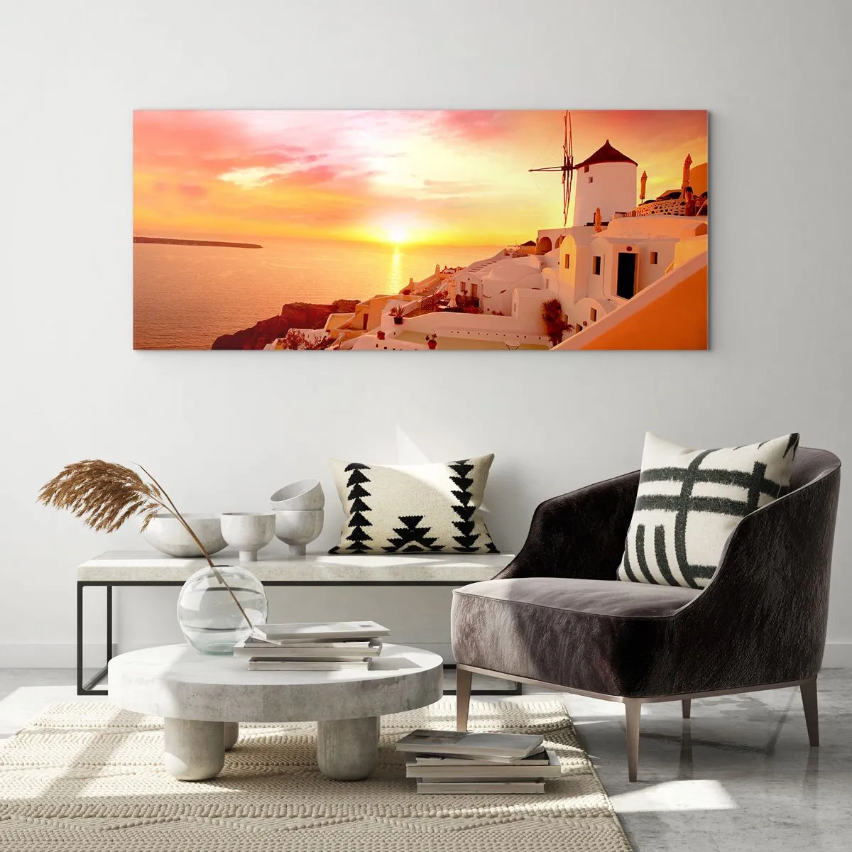 Glasbild - Bild auf glas - Santorini bei Sonnenuntergang mit einer Windmühle - 160x50cm - In Weiß und Gold schmelzen - Moderne Wanddekoration für Wohnzimmer und Schlafzimmer ARTTOR