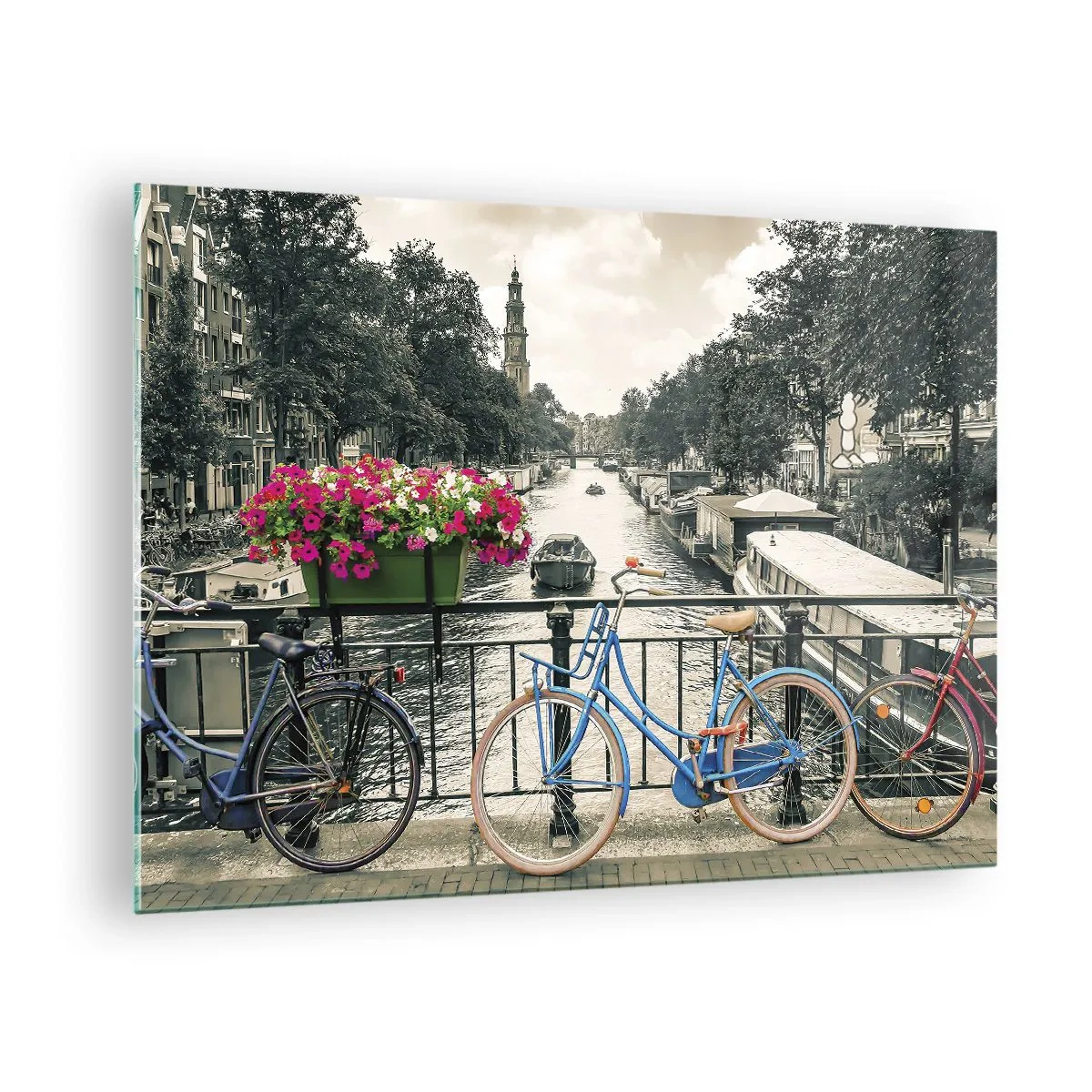 Glasbild - Bild auf glas - Bunte Fahrräder auf der Kanalbrücke - 70x50cm - Die Farben der Amsterdamer Straße - Moderne Wanddekoration für Wohnzimmer und Schlafzimmer ARTTOR