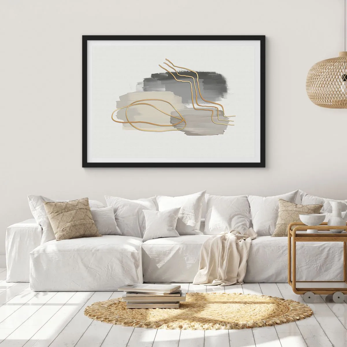 Poster in einem schwarzem Rahmen - Abstrakte goldene Linien auf grauem Hintergrund - 100x70cm - Dauer und Bewegung - Moderne Wanddekoration für Wohnzimmer und Schlafzimmer ARTTOR