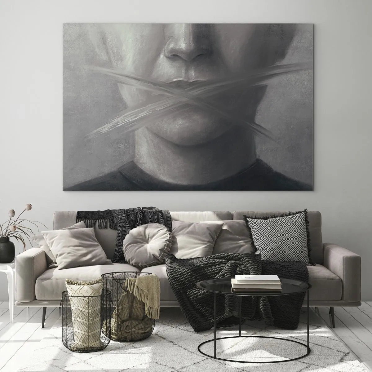 Glasbild - Bild auf glas - Porträt einer Person mit verschmierten Lippen in Grautönen - 120x80cm - Ohne ein Wort - Moderne Wanddekoration für Wohnzimmer und Schlafzimmer ARTTOR