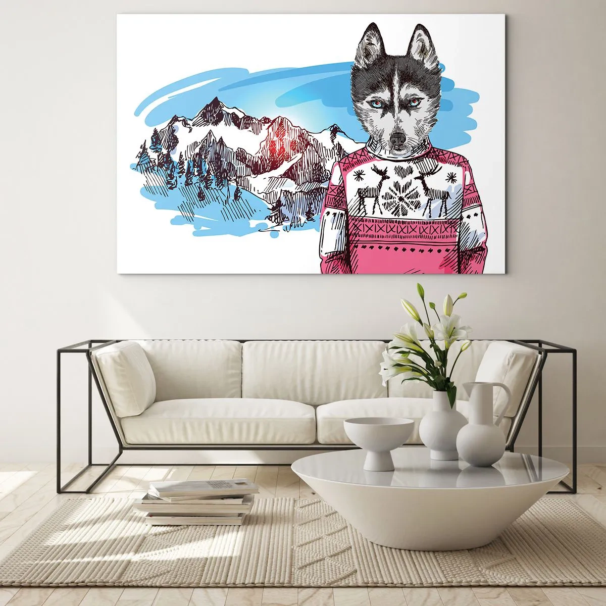 Glasbild - Bild auf glas - Husky im Pullover mit Bergen im Hintergrund - 70x50cm - Ein Wolf in Schafwolle - Moderne Wanddekoration für Wohnzimmer und Schlafzimmer ARTTOR