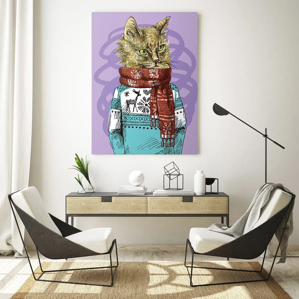 Glasbild - Bild auf glas - Eine Katze in Pullover und Schal auf violettem Hintergrund - 50x70cm - Die Katze nicht nur in Schuhen - Moderne Wanddekoration für Wohnzimmer und Schlafzimmer ARTTOR