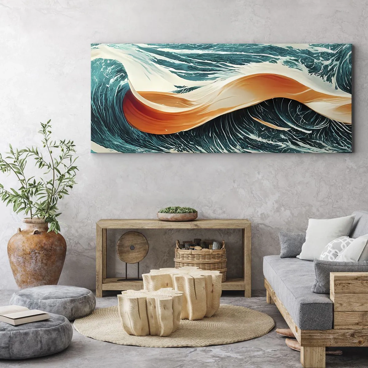 Bild auf Leinwand - Leinwandbild - Dynamische Meereswellen mit abstraktem Band - 120x50cm - Traum eines Surfers - Moderne Wanddekoration für Wohnzimmer und Schlafzimmer ARTTOR