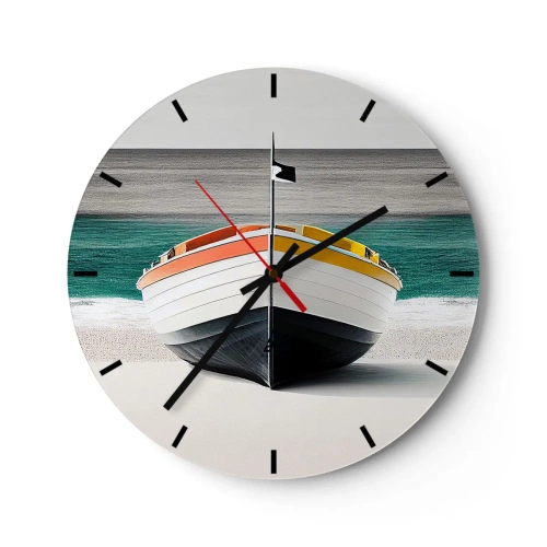 Wanduhr - Glasuhr - Buntes Fischerboot an einem Sandstrand - 30x30cm - An seinem Platz - Moderne Wanddekoration für Wohnzimmer, Küche und Schlafzimmer ARTTOR