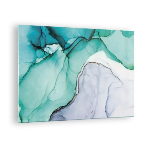 Glasbild - Bild auf glas - Ein abstraktes Gemälde in Türkis- und Weißtönen mit zarten Rissen. - 70x50cm - Eine Studie in Türkis - Moderne Wanddekoration für Wohnzimmer und Schlafzimmer ARTTOR
