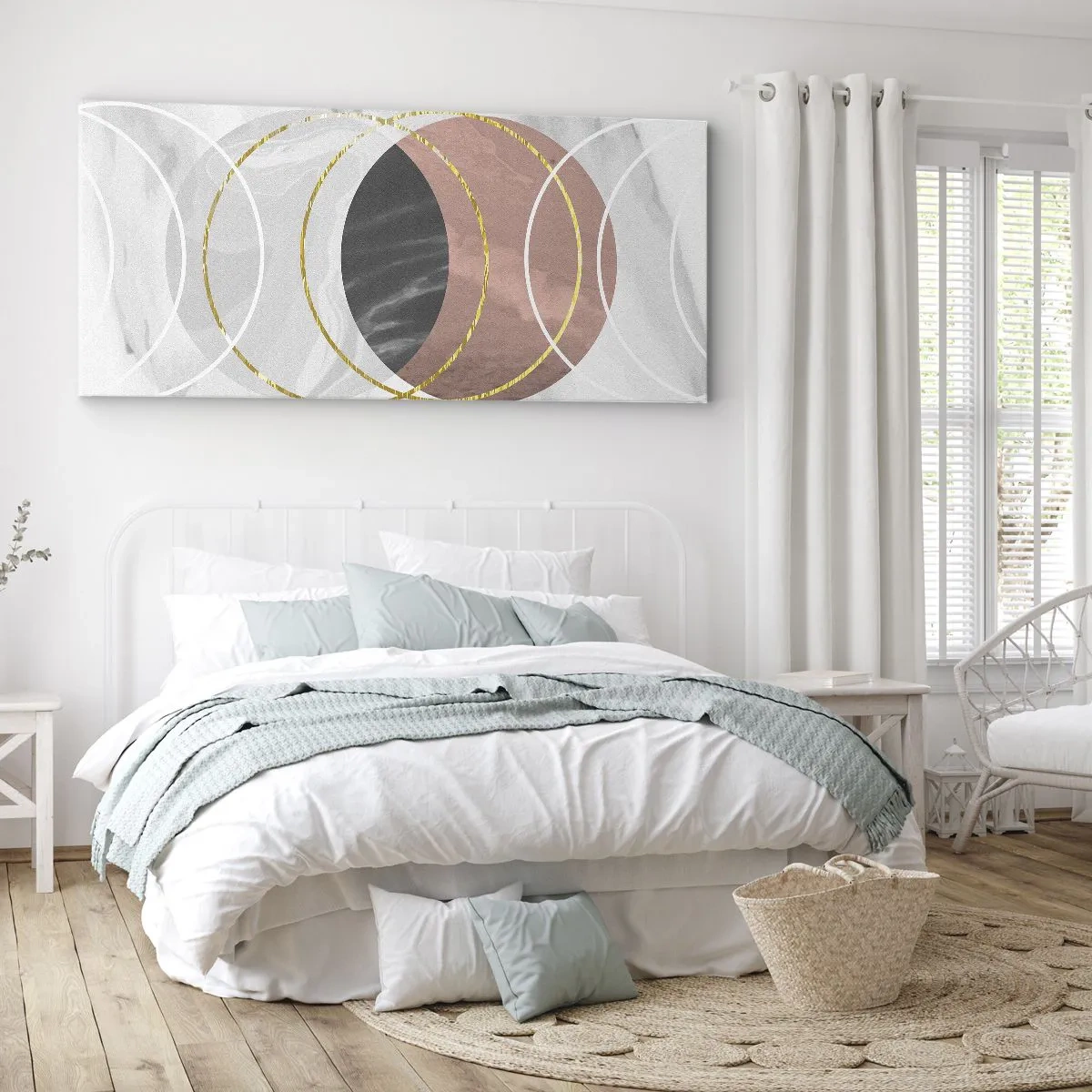 Bild auf Leinwand - Leinwandbild - Abstrakte geometrische Komposition mit Kreisen und metallischen Details - 160x50cm - Musik der Sphären - Moderne Wanddekoration für Wohnzimmer und Schlafzimmer ARTTOR