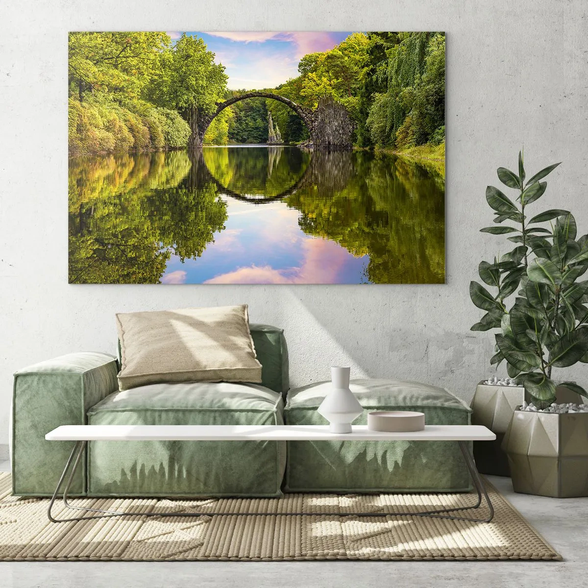 Glasbild - Bild auf glas - Eine Steinbrücke spiegelt sich in der ruhigen Oberfläche des Sees - 70x50cm - An der Kreuzung zweier Welten - Moderne Wanddekoration für Wohnzimmer und Schlafzimmer ARTTOR