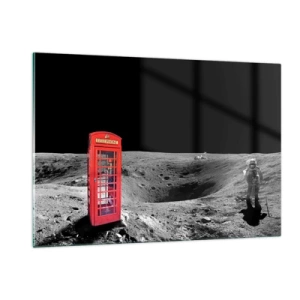 Glasbild - Bild auf glas - Eine rote Telefonzelle auf der Mondoberfläche mit einem Astronauten - 120x80cm - Ein kosmischer Witz - Moderne Wanddekoration für Wohnzimmer und Schlafzimmer ARTTOR