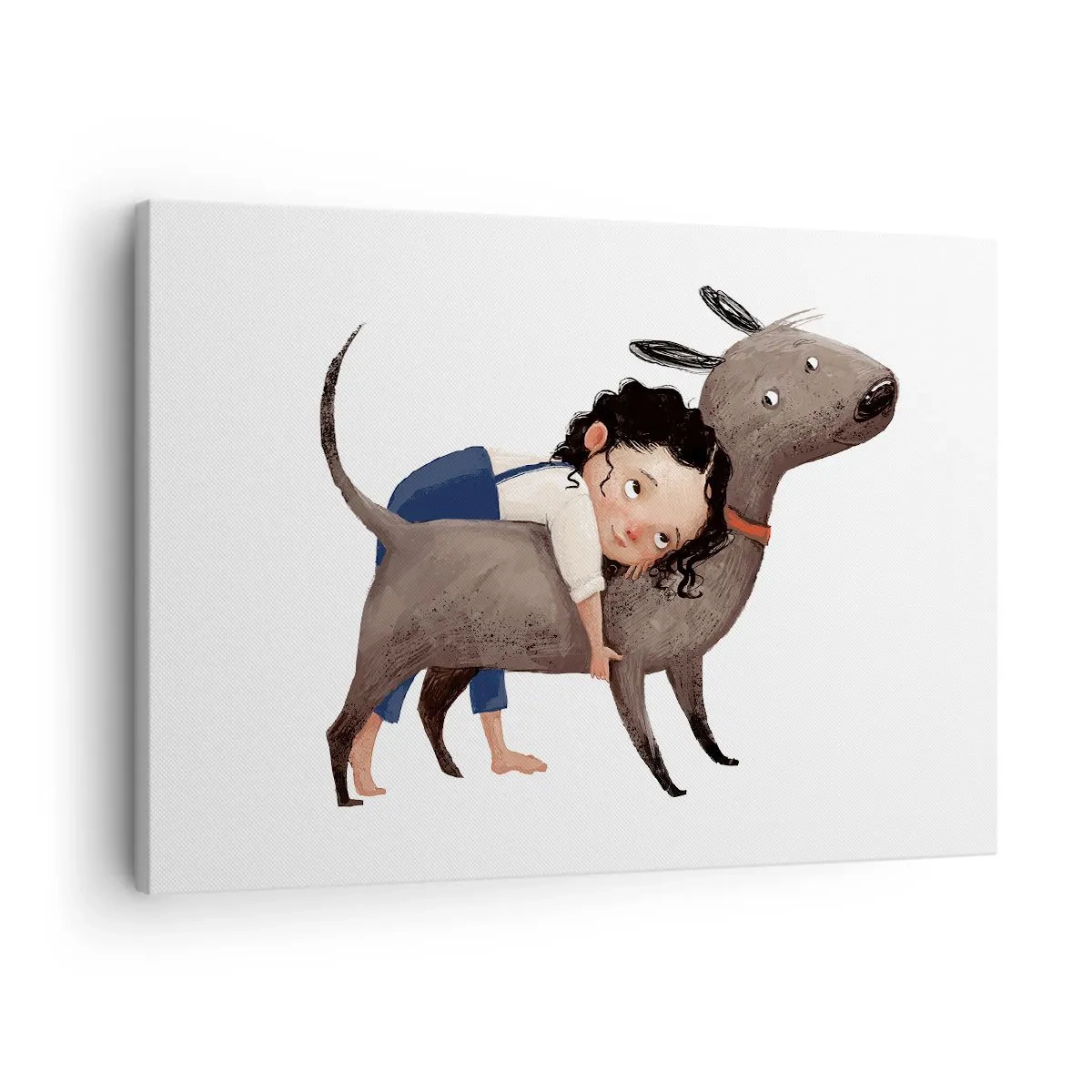 Bild auf Leinwand - Leinwandbild - Cartoonartige Illustration eines Kindes, das einen Hund umarmt - 70x50cm - Beste Freunde - Moderne Wanddekoration für Wohnzimmer und Schlafzimmer ARTTOR