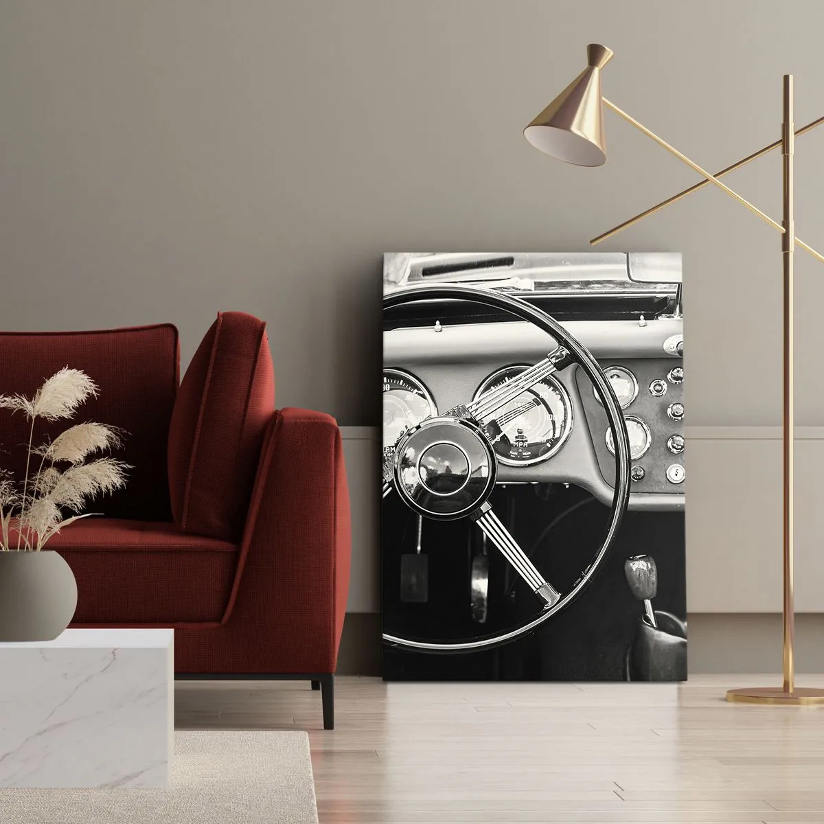 Bild auf Leinwand - Leinwandbild - Schwarz-weißes Oldtimer-Interieur - 70x100cm - Ein Sammlertraum - Moderne Wanddekoration für Wohnzimmer und Schlafzimmer ARTTOR
