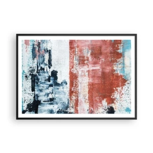 Poster in einem schwarzem Rahmen - Abstraktion in Weiß-, Blau- und Ziegelfarben - 100x70cm - Fünfzig-Fünfzig abstrakt - Moderne Wanddekoration für Wohnzimmer und Schlafzimmer ARTTOR