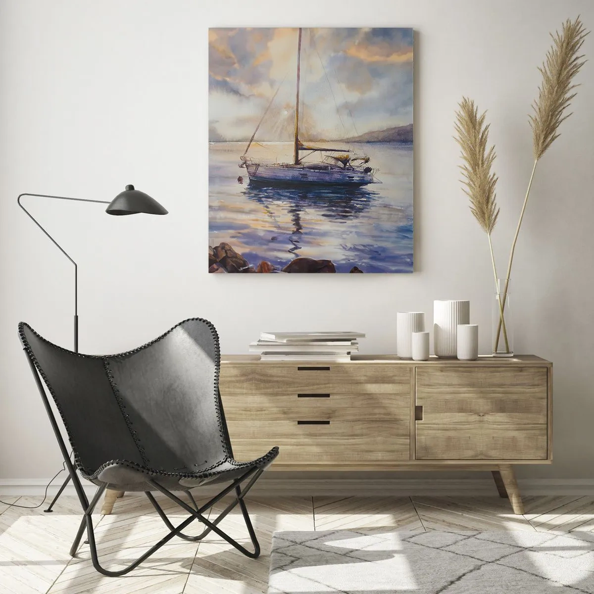 Glasbild - Bild auf glas - Eine Yacht auf ruhigem Meer bei Sonnenuntergang - 70x100cm - Abend in der Bucht - Moderne Wanddekoration für Wohnzimmer und Schlafzimmer ARTTOR