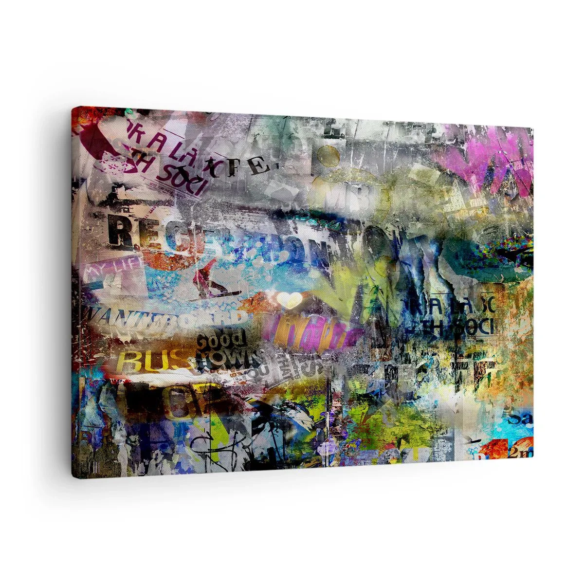 Bild auf Leinwand - Leinwandbild - Abstrakte Collage mit Text und verschiedenen Farben - 70x50cm - Collage aus Erinnerungen - Moderne Wanddekoration für Wohnzimmer und Schlafzimmer ARTTOR