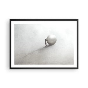 Poster in einem schwarzem Rahmen - Eine minimalistische Figur mit einem Ball auf einem hellen, monochromen Hintergrund. - 70x50cm - Das Spiel des Lebens - Moderne Wanddekoration für Wohnzimmer und Schlafzimmer ARTTOR