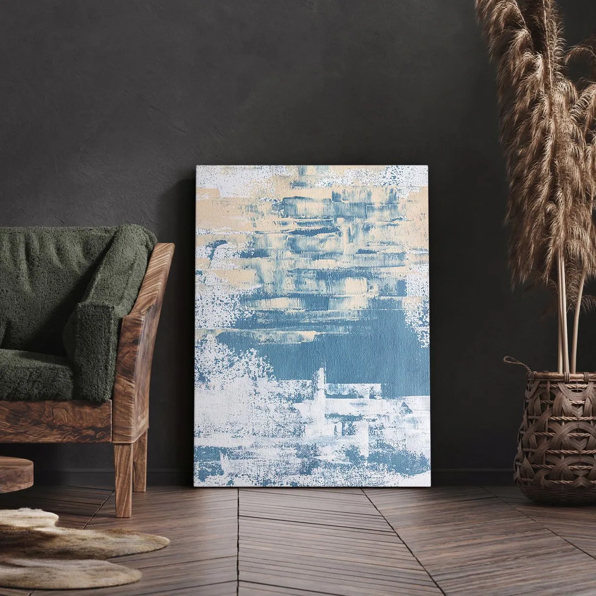 Bild auf Leinwand - Leinwandbild - Abstrakte Komposition in Blau- und Weißtönen - 50x70cm - Durch einen Eiszapfen - Moderne Wanddekoration für Wohnzimmer und Schlafzimmer ARTTOR