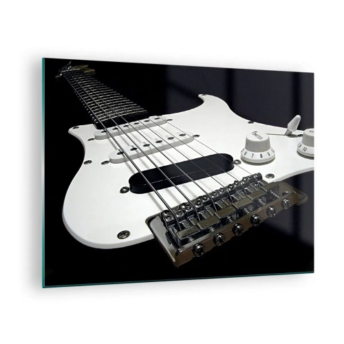 Glasbild - Bild auf glas - Nahaufnahme einer weißen E-Gitarre vor dunklem Hintergrund - 70x50cm - In Weiß versteckter Ton - Moderne Wanddekoration für Wohnzimmer und Schlafzimmer ARTTOR