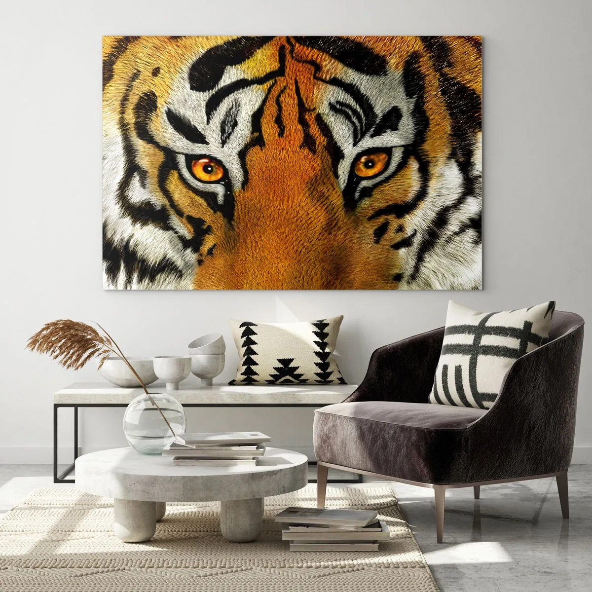 Glasbild - Bild auf glas - Nahaufnahme des intensiven Blicks des Tigers - 120x80cm - Schrecklich und schön - Moderne Wanddekoration für Wohnzimmer und Schlafzimmer ARTTOR